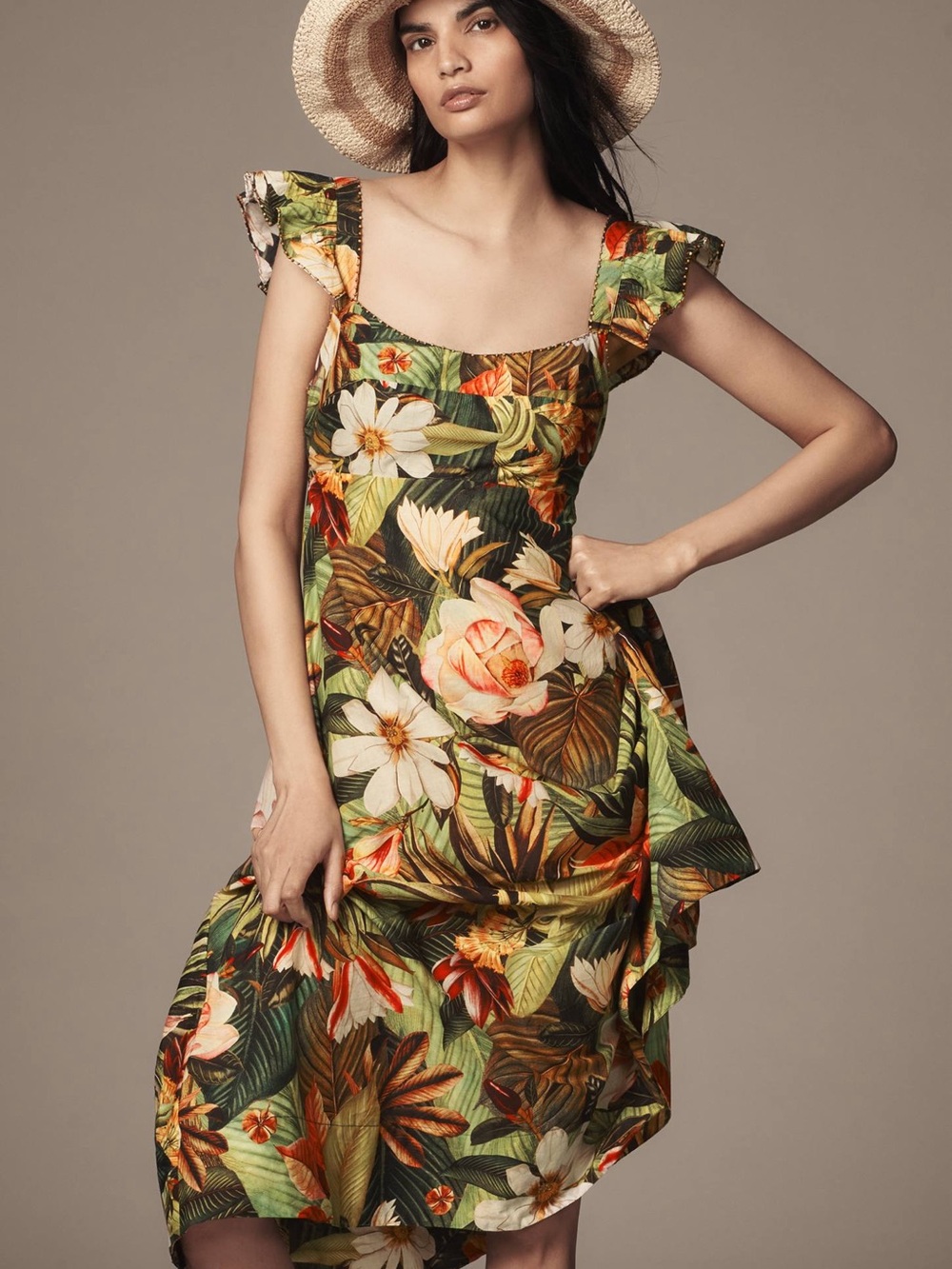 FARM Rio Tropical Floral Midi Dress in Green and Orange
